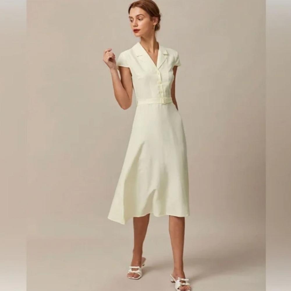 RIHOAS Cream Cap-Sleeved Midi Dress with Belt SMALL - Picture 3 of 10
